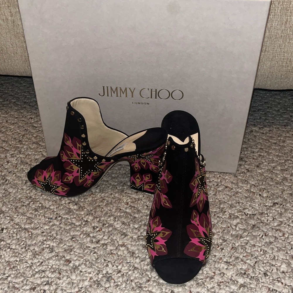 Jimmy Choo, black/pink/gold, suede open peep toe, mule style heels